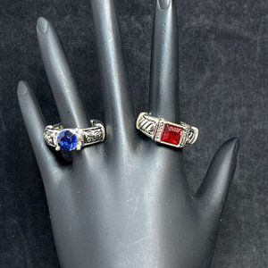 Pair of Silver Tone Stretch Rings Red And Blue Sz 8 (R310)
